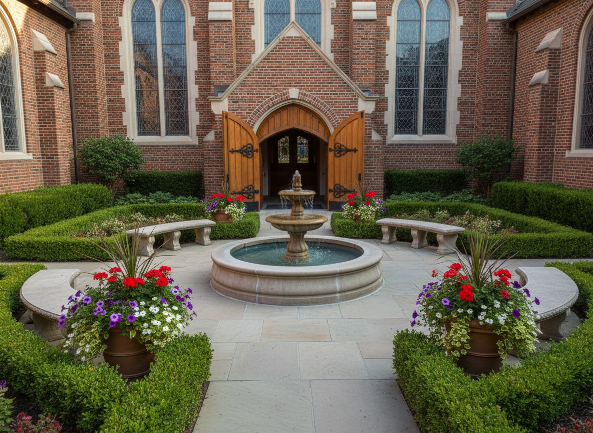 A beautifully maintained church courtyard designed for community gatherings, featuring neatly trimmed hedges, flowering planters, and curved stone benches arranged around a central, simple fountain. The church building’s classic brick façade and tall arched windows frame the background, while an open pathway leads from the courtyard to welcoming wooden double doors. Late afternoon sunlight bathes the scene in a gentle golden glow, creating elongated shadows on the clean stone pavers. Captured from a slightly elevated angle with balanced framing, the image emphasizes openness and fellowship without showing any people. Photographic realism highlights the textures of stone, wood, and foliage. The atmosphere feels warm, gracious, and inviting, suggesting a place where relationships grow in the strength of the Lord.