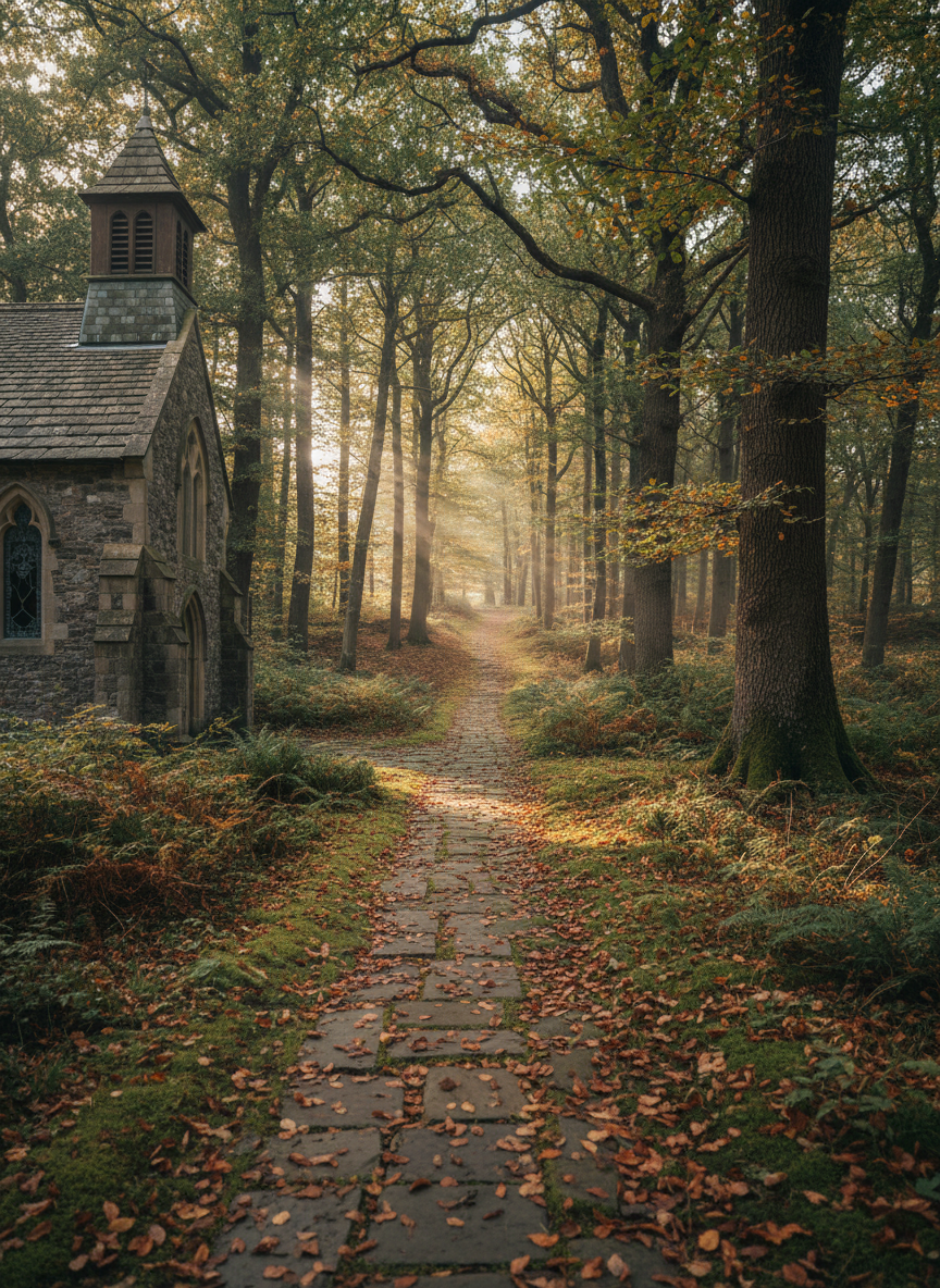 A peaceful woodland path leading from a small, traditional stone church into a sun-dappled forest, symbolizing a journey of growing in grace. The church, partially visible at the edge of the frame, features arched windows and a modest bell tower. The path is lined with mossy stones and scattered autumn leaves in rich, earthy tones. Soft afternoon light filters through the trees’ canopy, creating a gentle lattice of light and shadow on the ground. Captured from a low, forward-facing angle with the path centered, the composition invites the viewer to visually walk into the scene. Photographic realism captures the textures of bark, stone, and foliage. The mood is contemplative, hopeful, and gently guided, suggesting a quiet, sophisticated spirituality rooted in Christ’s strength.