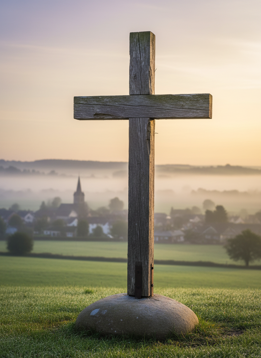 A close, detailed view of a solid wooden cross anchored firmly into a smooth stone base, set on a gentle hillside overlooking a small town with a traditional church steeple in the distance. Early morning mist lingers over rolling green fields, and the sky glows softly with pale gold and lavender hues. The cross’s grain and weathered texture are rendered in exquisite photographic detail. Shot from a slightly low angle with shallow depth of field, the cross is in crisp focus while the town and landscape fall into a soft blur. The mood is peaceful, hopeful, and contemplative, evoking strength and grace in Christ. The composition is minimal yet sophisticated, with natural light creating subtle highlights and gentle shadows.
