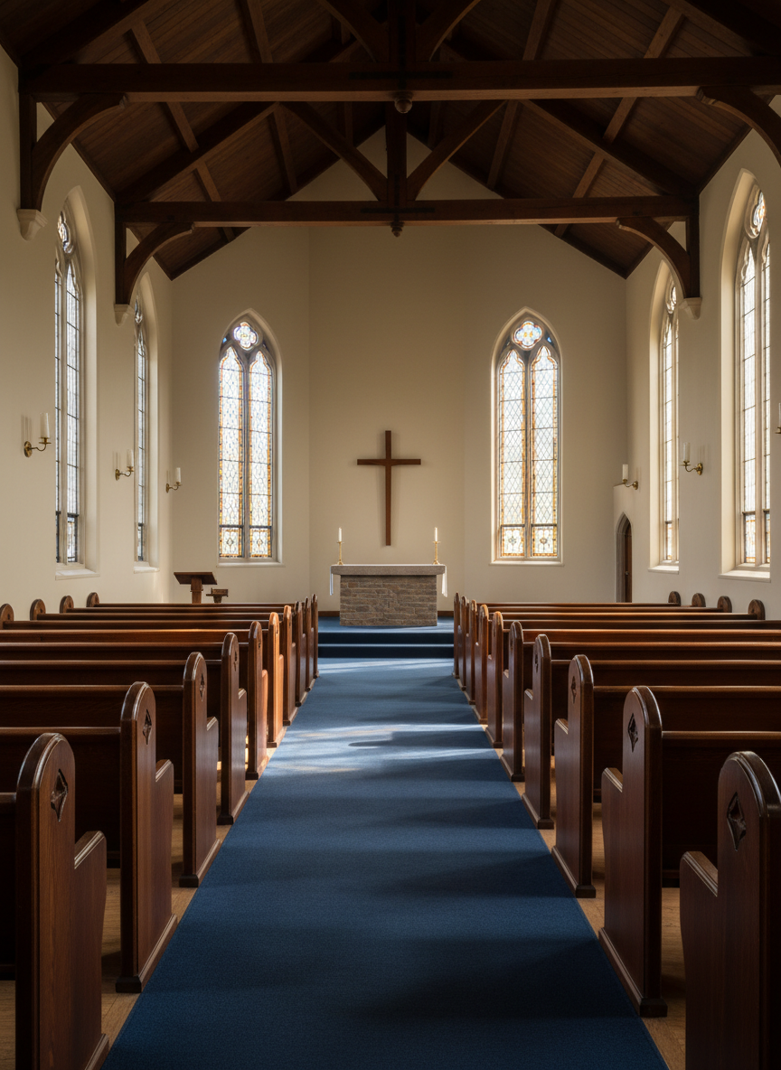 A stately traditional church sanctuary interior, with polished wooden pews leading toward a simple stone altar and an elegant wooden cross. Sunlight pours through tall, clear and lightly tinted windows, casting soft, warm patterns across the aisle’s deep blue carpet. The ceiling beams are rich, dark timber, and subtle brass sconces line the walls, unlit in the natural afternoon glow. Captured at eye level from the back of the sanctuary, the composition uses strong leading lines to draw the viewer’s eye toward the front. The atmosphere is reverent, serene, and welcoming, with photographic realism and a sophisticated, uncluttered aesthetic that emphasizes quiet worship and spiritual reflection without any people present.