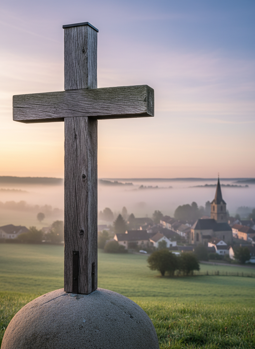A close, detailed view of a solid wooden cross anchored firmly into a smooth stone base, set on a gentle hillside overlooking a small town with a traditional church steeple in the distance. Early morning mist lingers over rolling green fields, and the sky glows softly with pale gold and lavender hues. The cross’s grain and weathered texture are rendered in exquisite photographic detail. Shot from a slightly low angle with shallow depth of field, the cross is in crisp focus while the town and landscape fall into a soft blur. The mood is peaceful, hopeful, and contemplative, evoking strength and grace in Christ. The composition is minimal yet sophisticated, with natural light creating subtle highlights and gentle shadows.