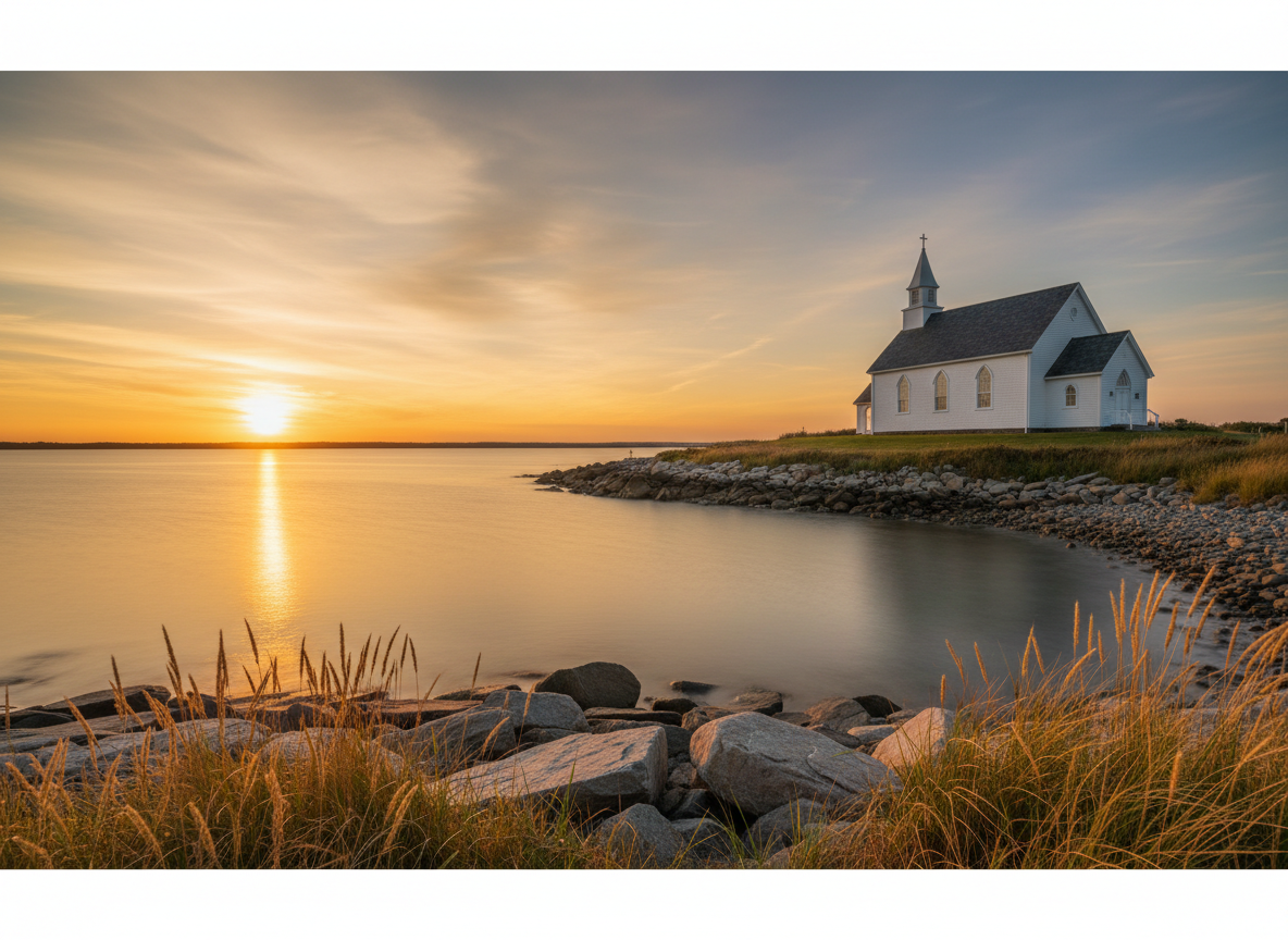 A wide, panoramic view of a traditional church building set against a calm coastal landscape at sunset, symbolizing an anchor of hope. The church’s white clapboard siding, modest steeple, and dark slate roof stand on gently rising ground above a tranquil bay. In the foreground, smooth rocks and tall coastal grasses frame the scene, while the water reflects streaks of gold, peach, and soft blue from the sky. Photographic realism reveals fine details in the church’s windows and trim. Shot from a low angle along the shoreline, the composition uses leading lines of the coast to guide the eye toward the church. The atmosphere is serene, steadfast, and dignified, evoking the strength and grace found in Christ amid life’s changing tides, with no people visible.