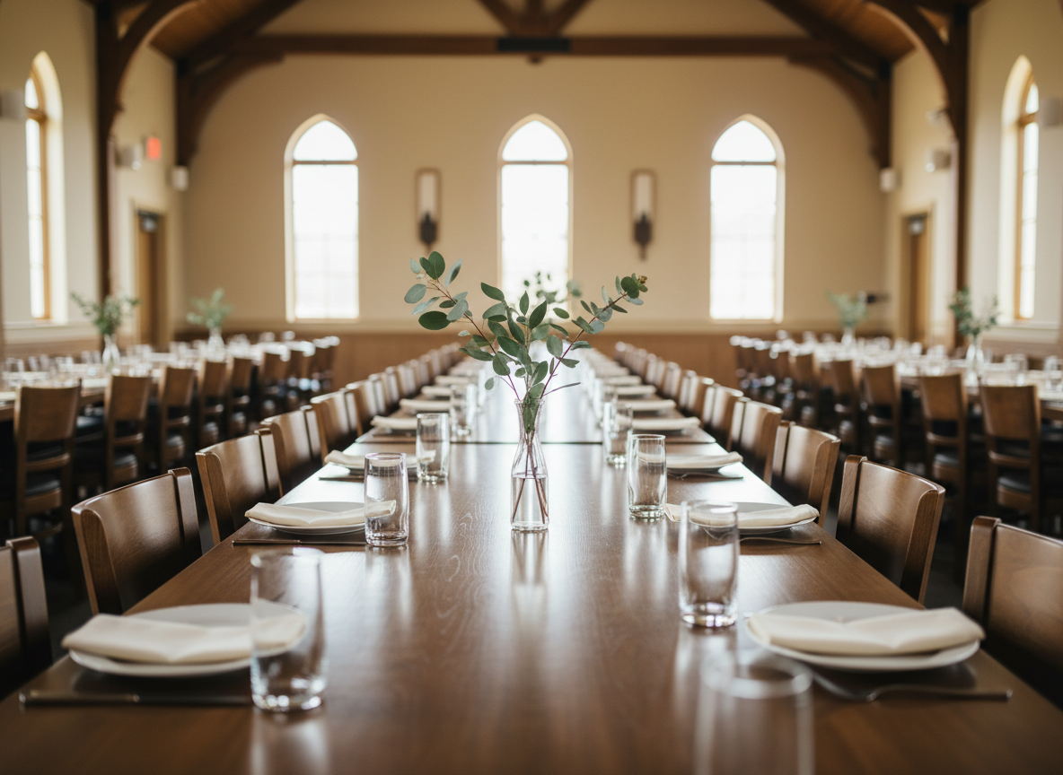 A refined, modern church fellowship hall prepared for a community meal, with long wooden tables arranged neatly and set simply with white porcelain plates, clear glass tumblers, and folded linen napkins. At the center of each table, understated greenery in slender glass vases adds life without distraction. The room features high ceilings, soft neutral walls, and large windows that invite in late-morning natural light, casting gentle, diffuse illumination across the tabletops. Shot from an eye-level perspective along the length of a table, the composition emphasizes depth and togetherness through converging lines. The photographic style is clean and sophisticated, with subtle bokeh in the background. The mood is warm, orderly, and welcoming, suggesting a gracious, Christ-centered community gathering, though no people are present.