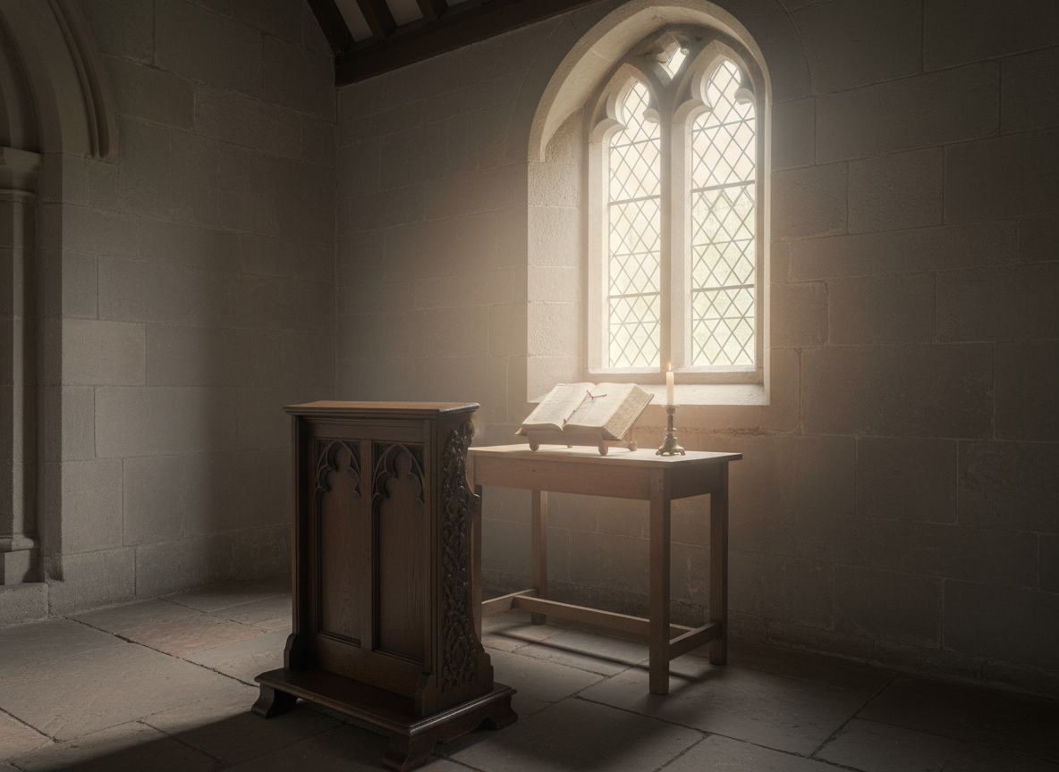 An intimate corner of a church interior designed for quiet prayer and reflection, with a single, gracefully carved wooden kneeler facing a small table holding an open, well-worn Bible and a simple unlit candle. Behind them, a tall narrow window allows soft, diffused overcast daylight to stream in, gently illuminating the pages and creating a halo of light on the stone wall. The surrounding space is minimal and uncluttered, with cool gray stone and warm wood tones in photographic detail. Shot at a three-quarter view with shallow depth of field, the focus rests on the Bible and candle, while the background recedes softly. The mood is contemplative, peaceful, and reverent, capturing a sophisticated, timeless sense of private devotion and grace.