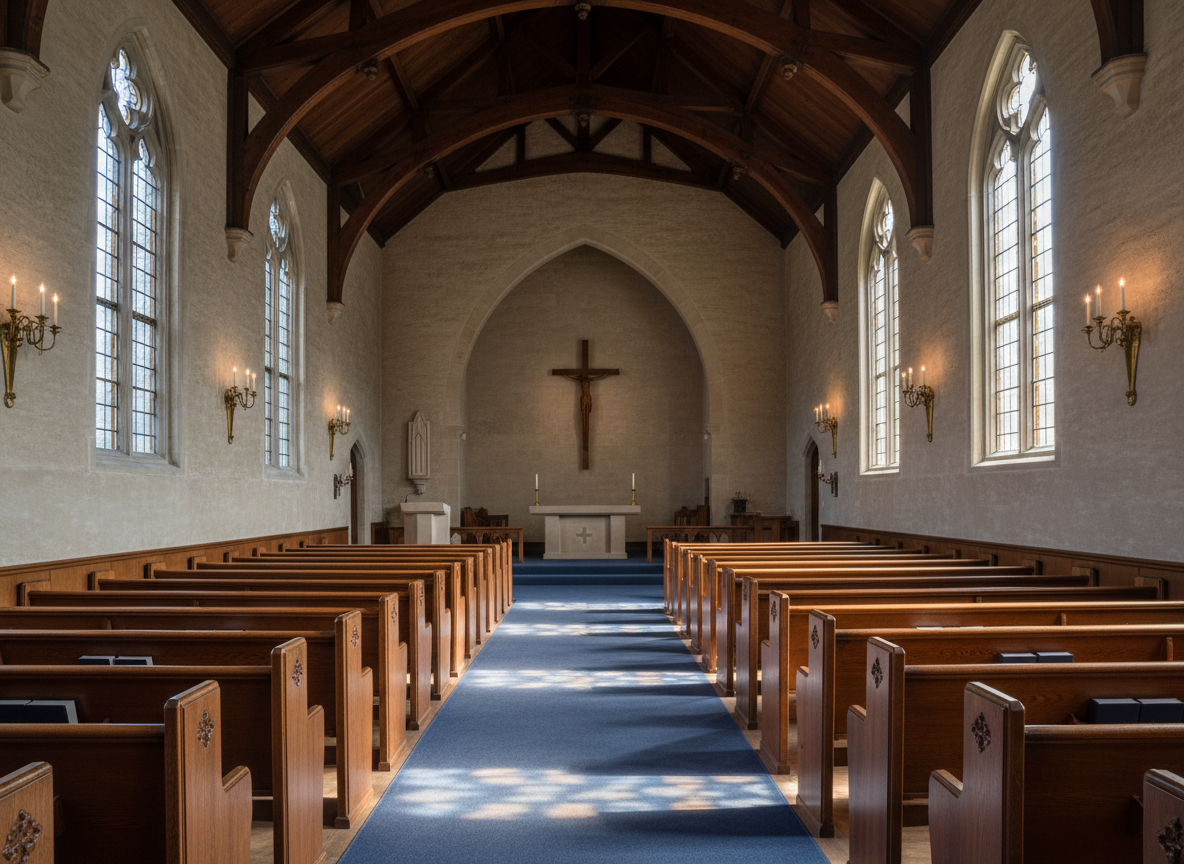 A stately traditional church sanctuary interior, with polished wooden pews leading toward a simple stone altar and an elegant wooden cross. Sunlight pours through tall, clear and lightly tinted windows, casting soft, warm patterns across the aisle’s deep blue carpet. The ceiling beams are rich, dark timber, and subtle brass sconces line the walls, unlit in the natural afternoon glow. Captured at eye level from the back of the sanctuary, the composition uses strong leading lines to draw the viewer’s eye toward the front. The atmosphere is reverent, serene, and welcoming, with photographic realism and a sophisticated, uncluttered aesthetic that emphasizes quiet worship and spiritual reflection without any people present.