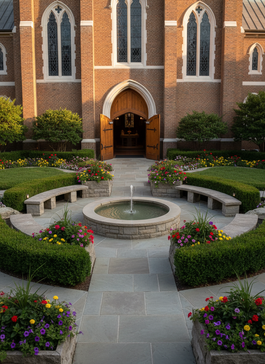 A beautifully maintained church courtyard designed for community gatherings, featuring neatly trimmed hedges, flowering planters, and curved stone benches arranged around a central, simple fountain. The church building’s classic brick façade and tall arched windows frame the background, while an open pathway leads from the courtyard to welcoming wooden double doors. Late afternoon sunlight bathes the scene in a gentle golden glow, creating elongated shadows on the clean stone pavers. Captured from a slightly elevated angle with balanced framing, the image emphasizes openness and fellowship without showing any people. Photographic realism highlights the textures of stone, wood, and foliage. The atmosphere feels warm, gracious, and inviting, suggesting a place where relationships grow in the strength of the Lord.